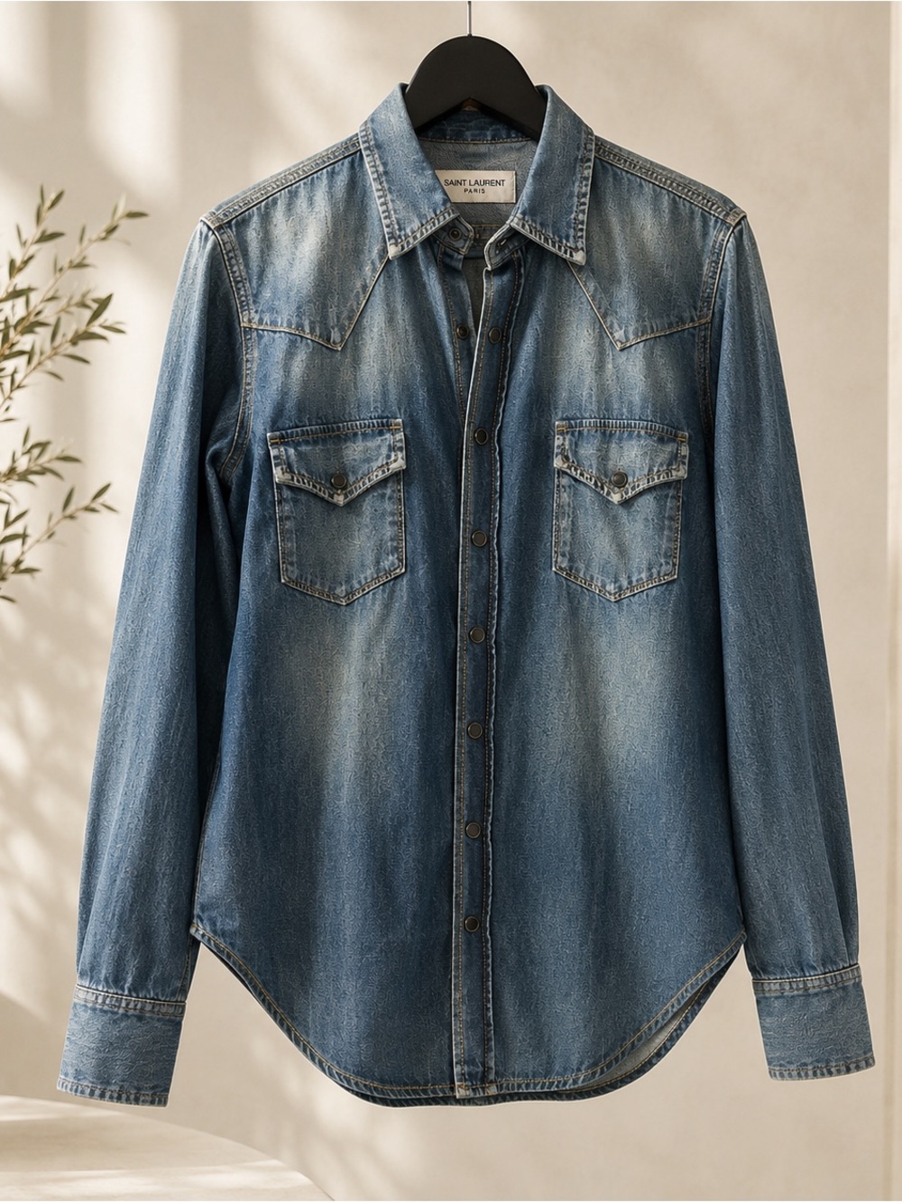 Saint Laurent Paris Denim Western Shirt Faded Blue Snap Front Small EUC